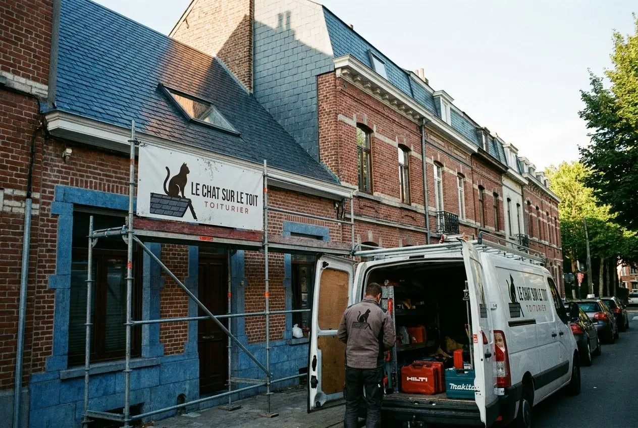 Camionnette et panneau de chantier Le Chat sur le Toit devant une maison en briques et pierre bleue à Woluwe-Saint-Lambert