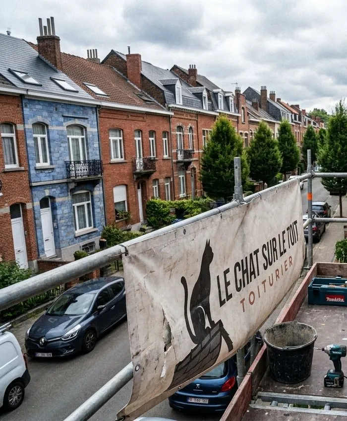 Échafaudage et bâche Le Chat sur le Toit devant des maisons mitoyennes en briques à Woluwe-Saint-Pierre