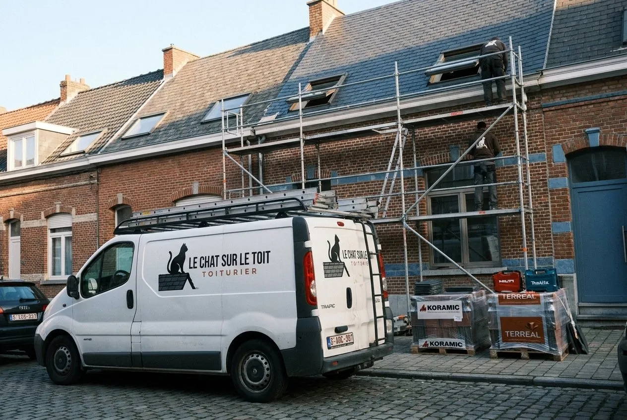 Toituriers sur l'échafaudage d'une maison bruxelloise mitoyenne en briques et ardoises à Woluwe-Saint-Pierre, camionnette Le Chat sur le Toit devant